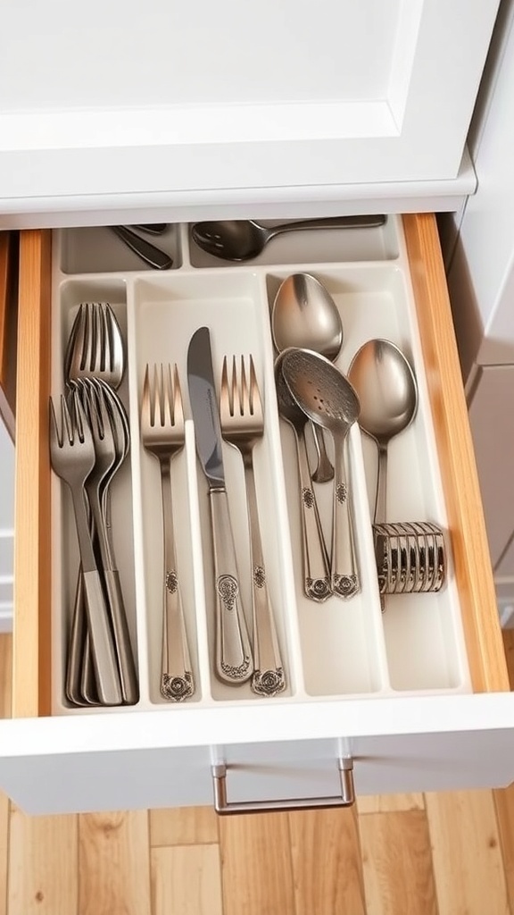 Organized kitchen drawer with utensils separated by dividers