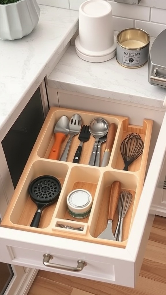Organized kitchen drawer with wooden dividers separating various utensils