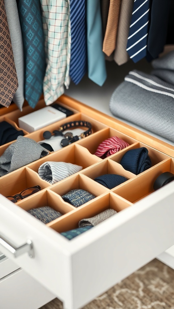 Organized drawer with dividers holding ties, socks, and accessories