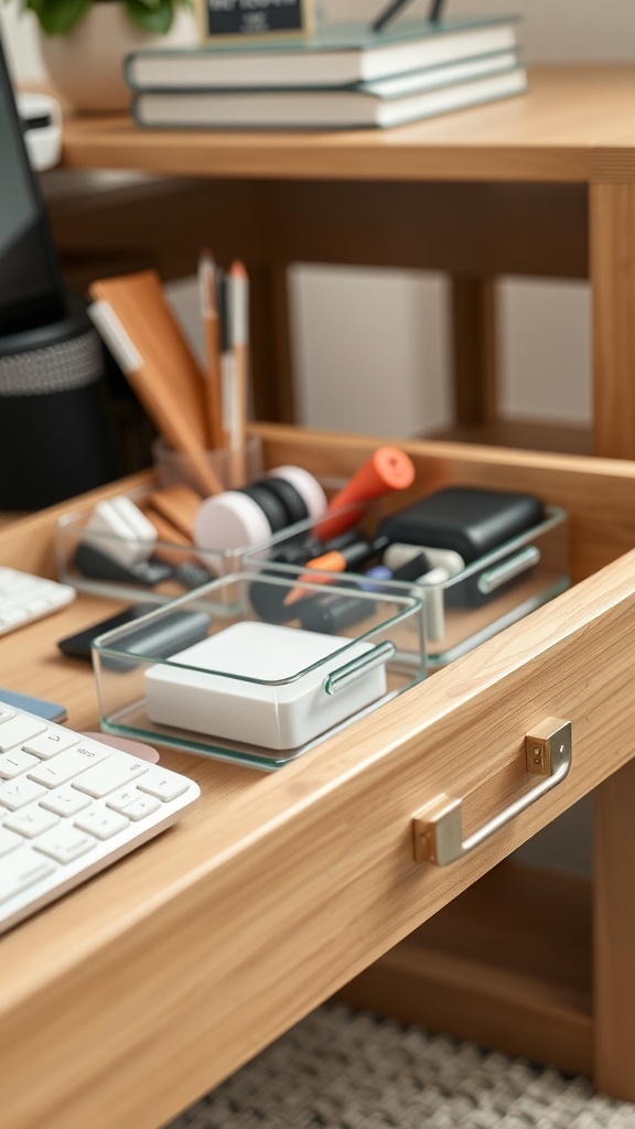 A neatly organized desk drawer with office supplies in clear containers.
