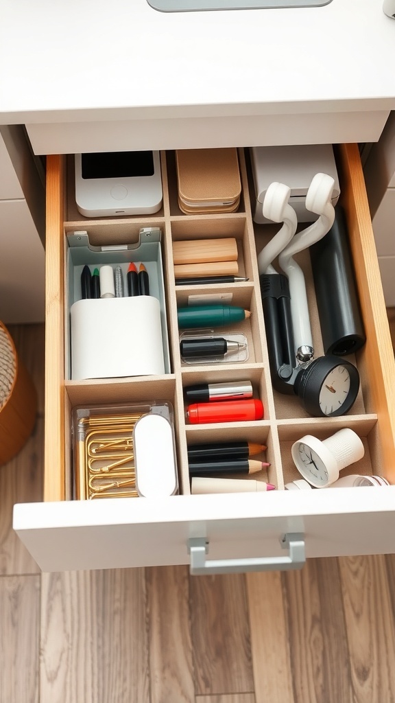 An organized office drawer with various supplies like pens, paper clips, and tech gadgets.