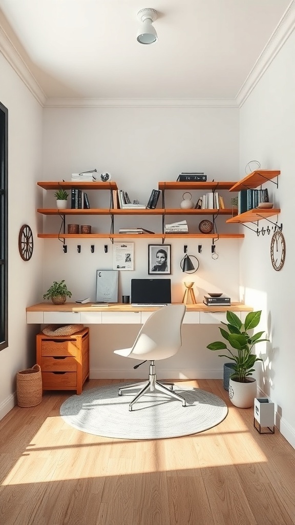 A small workspace featuring floating shelves, a desk, and a chair, showcasing effective use of wall space for storage.