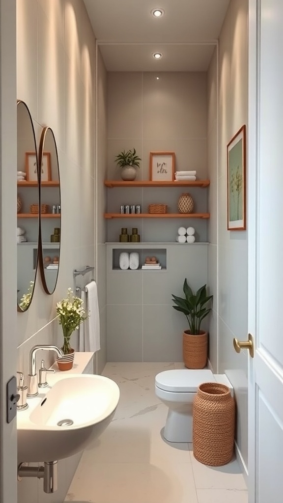 A narrow bathroom featuring open shelves with organized toiletries, mirrors, plants, and a clean modern design.