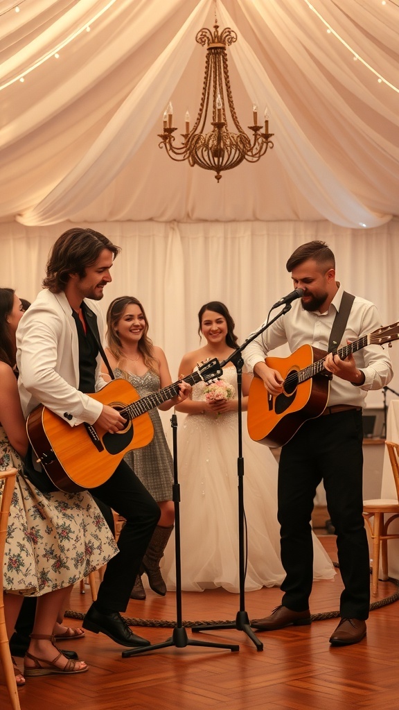A fun wedding reception scene with two musicians playing guitars for a group of smiling friends.