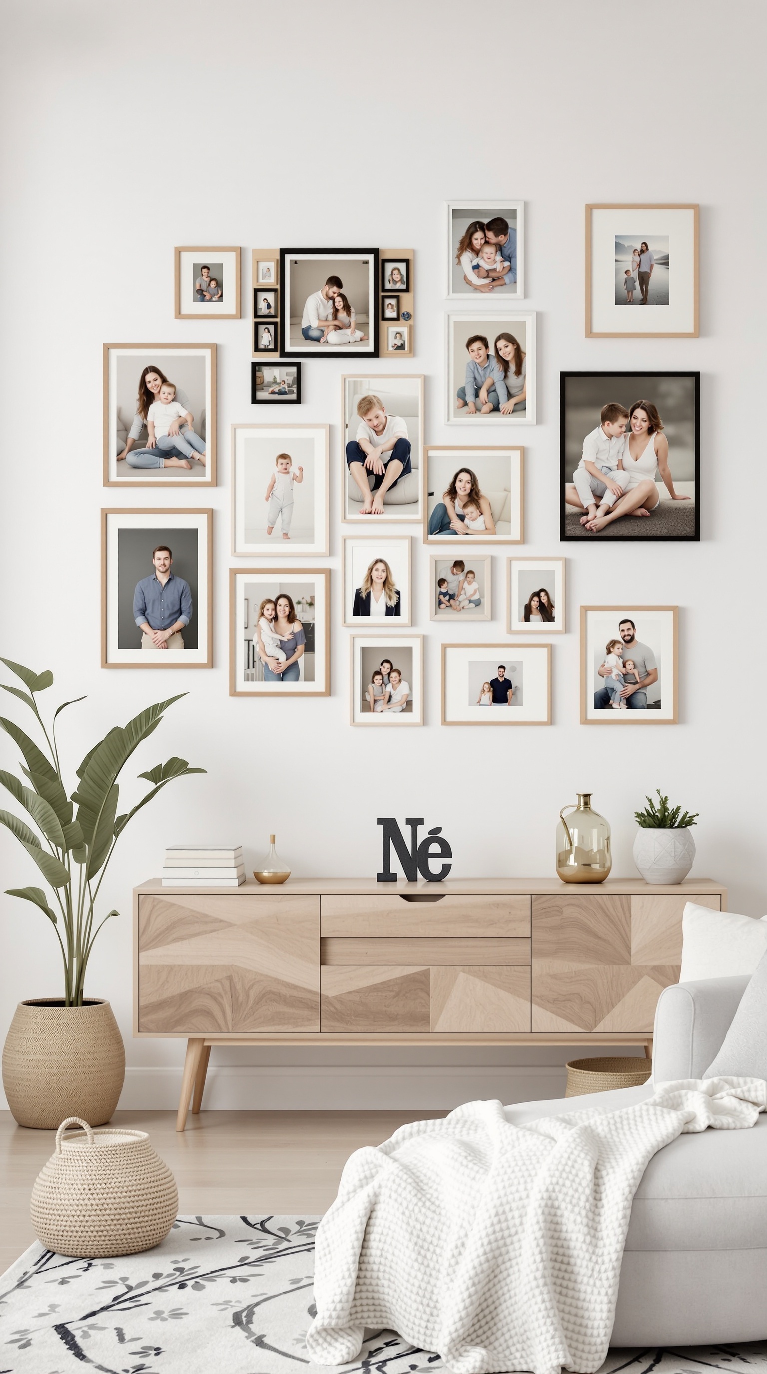 A wall displaying a variety of family portraits in different frames, with a stylish living room setup.