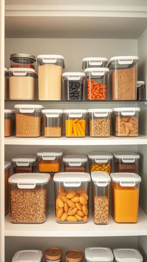A neatly organized pantry with clear food storage containers featuring airtight lids, filled with various ingredients.