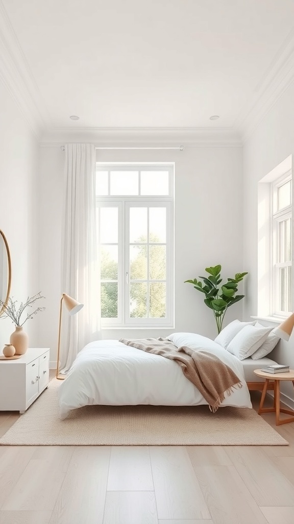 A bright and airy single bedroom featuring light colors, a large window, and minimalistic decor.