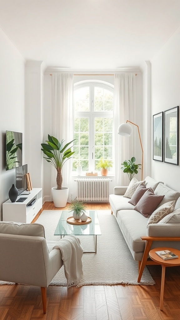 A bright and airy living room with light-colored furniture, plants, and large windows.