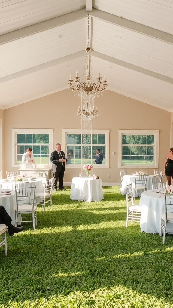 Elegant bridal shower setup with white chairs and tables in a bright, airy venue.