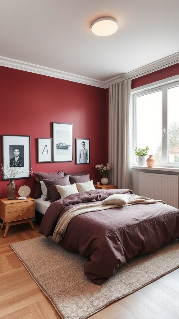 A cozy maroon bedroom featuring a maroon wall, matching bedding, and light-colored furniture.