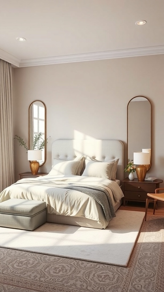 A neutral bedroom featuring a bed, two mirrors, and warm lighting.