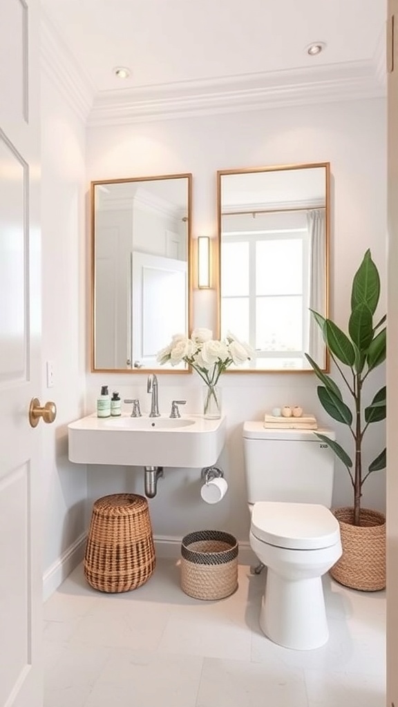 A stylish half bathroom featuring two gold-framed mirrors, a sleek sink, and decorative plants.