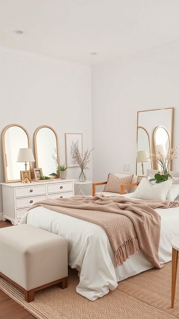 A bright white bedroom featuring multiple mirrors, a cozy bed with a beige blanket, and stylish decor.