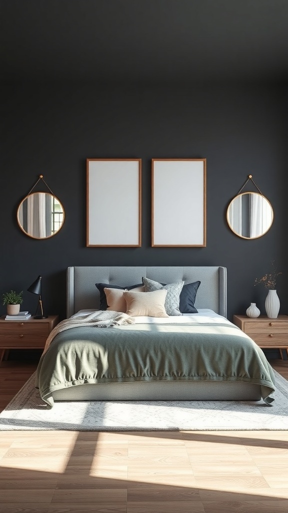 A dark grey bedroom featuring a bed with soft linens, two round mirrors on the wall, and wooden furniture.