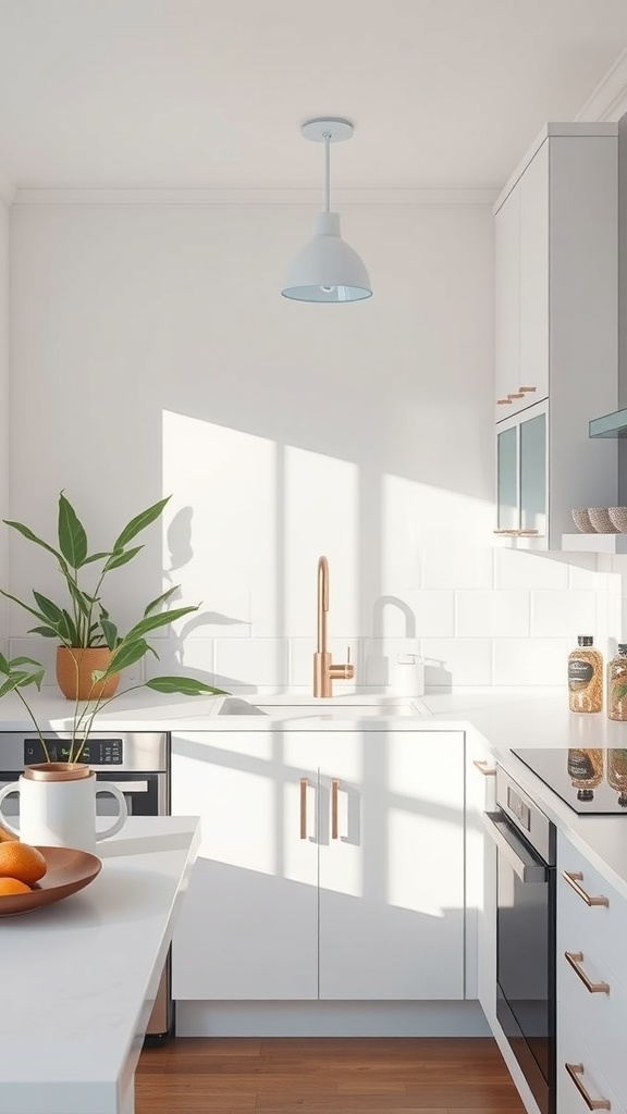 Bright and modern apartment kitchen with white cabinets, a plant, and natural light.