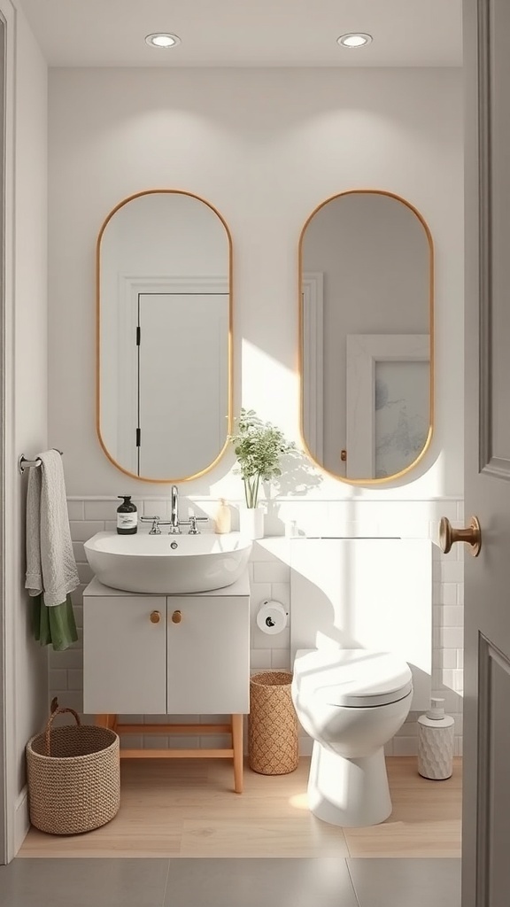 Small bathroom featuring two oval mirrors above a sink, creating an illusion of space.