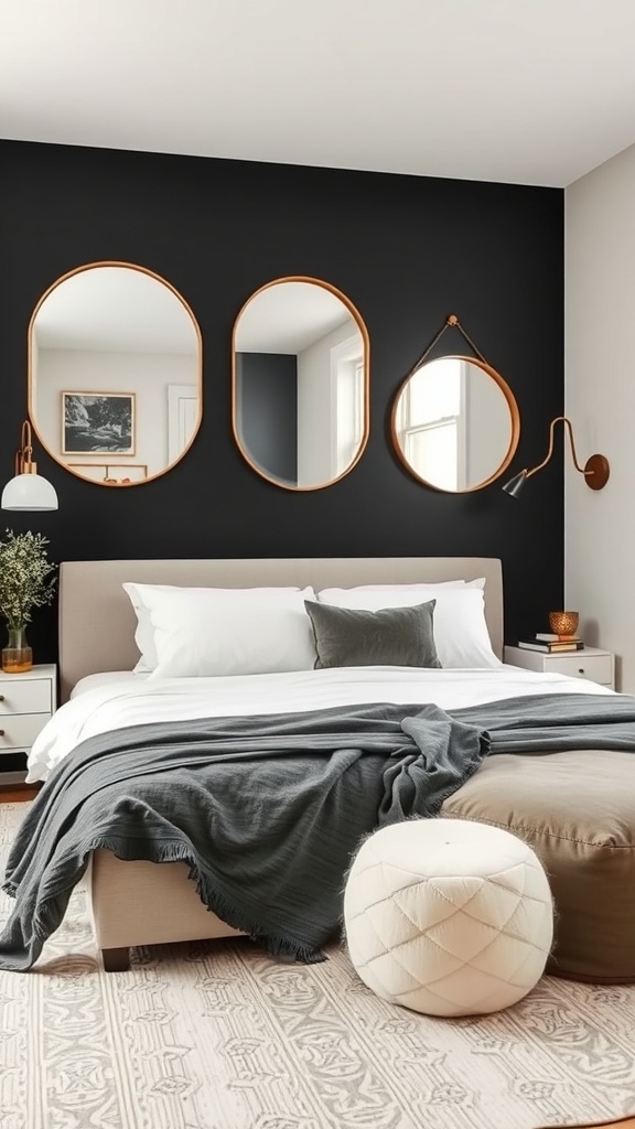 A stylish bedroom featuring a black accent wall with three round mirrors, a cozy bed, and warm decor.