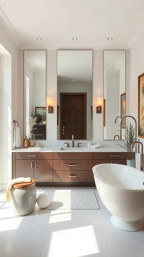 A modern small master bathroom featuring three vertical mirrors above a double sink, a freestanding bathtub, and stylish decor.