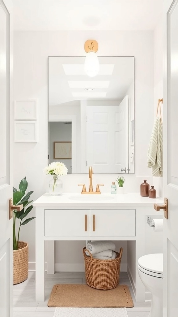 A small half bathroom featuring a large mirror above the sink, bright white walls, and stylish decor.