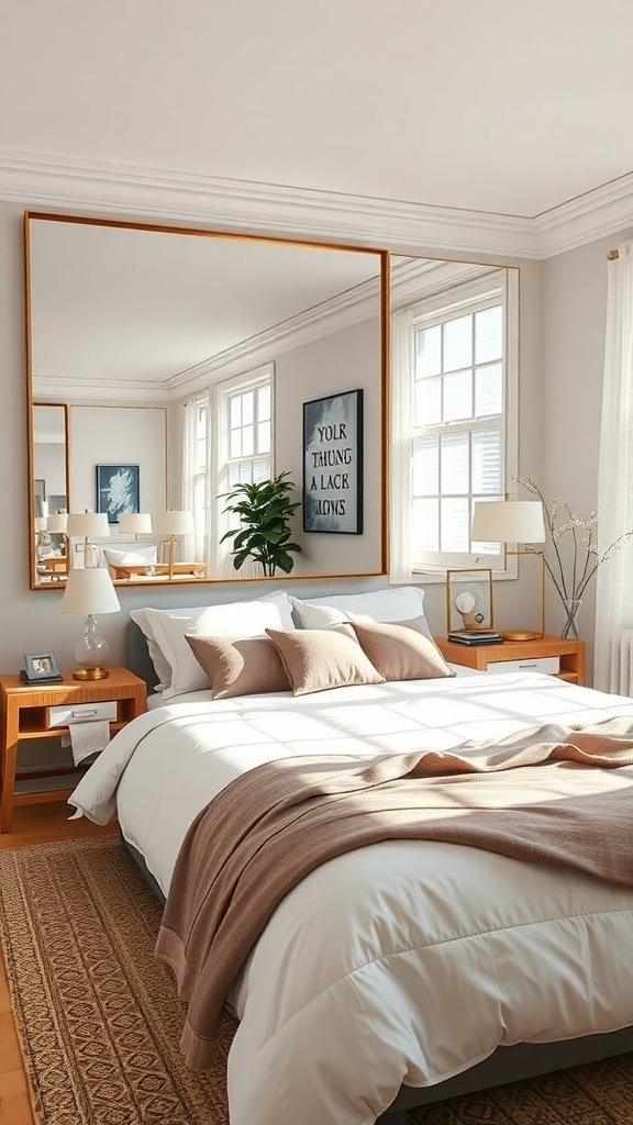 A simple bedroom featuring a large mirror, light-colored walls, and warm wooden furniture.
