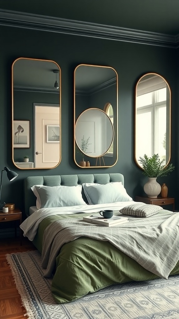 A dark green bedroom featuring three mirrors on the wall, a cozy bed with green bedding, and a stylish decor.