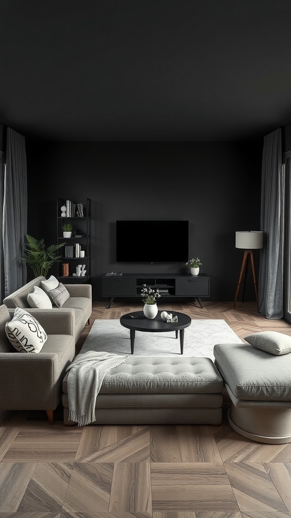 A dark cozy living room featuring multi-functional furniture, including a sofa with storage, a round coffee table, and a versatile ottoman.
