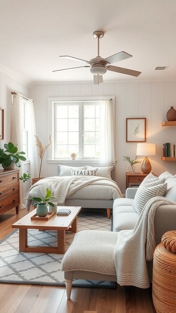 Cozy cottage bedroom with multi-functional furniture including a sofa, coffee table, and dresser.