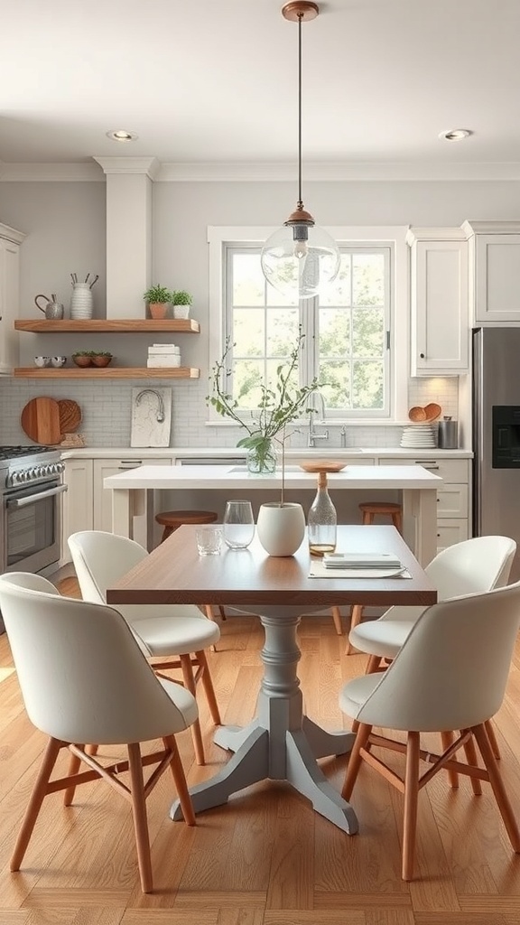 A cozy kitchen featuring a multi-functional dining table with white chairs and open shelving.