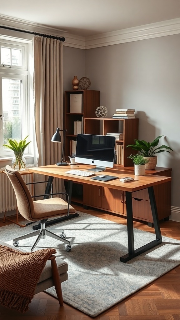 Cozy home office featuring a wooden desk, comfortable chair, and decorative bookshelf with plants.