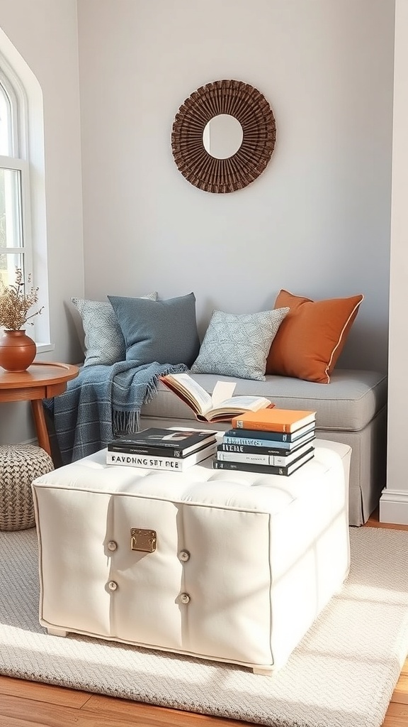 A cozy reading nook featuring a sofa with pillows, an ottoman, and a stack of books.
