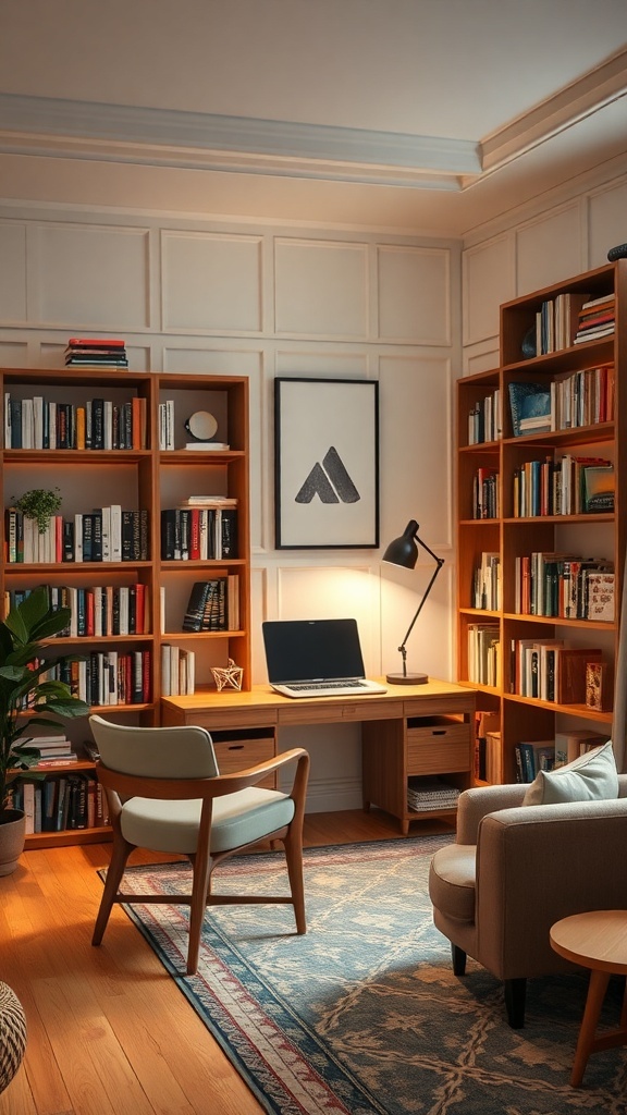 A cozy home library featuring multi-functional furniture, including bookshelves, a desk, and comfortable seating.