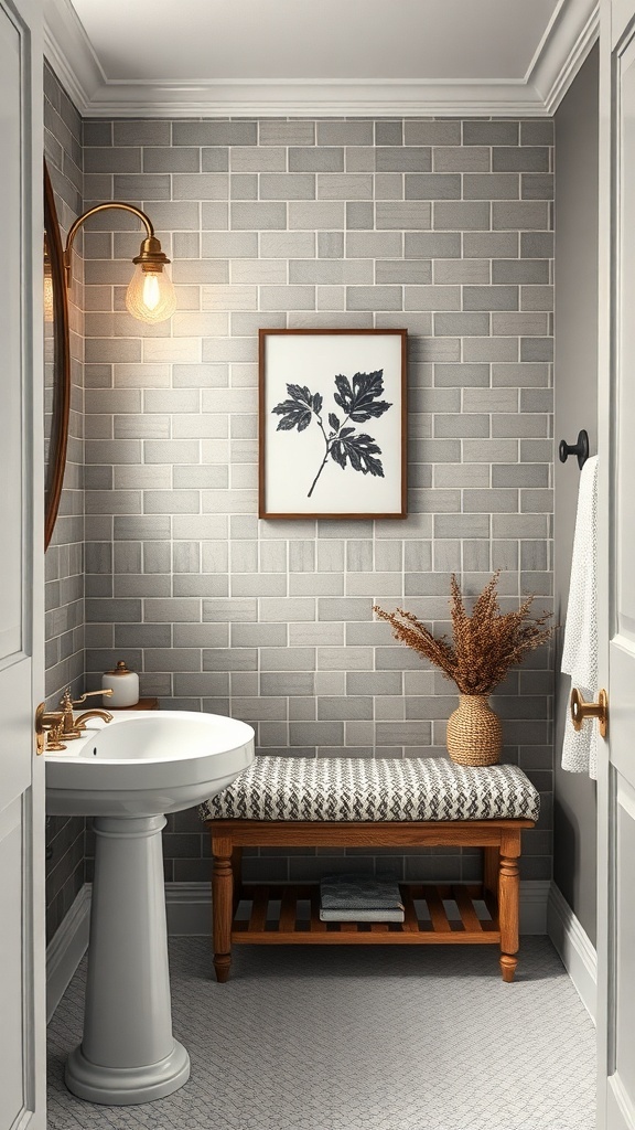 A small bathroom featuring a gray tiled wall, a pedestal sink, a multi-functional bench with storage, and decorative elements.