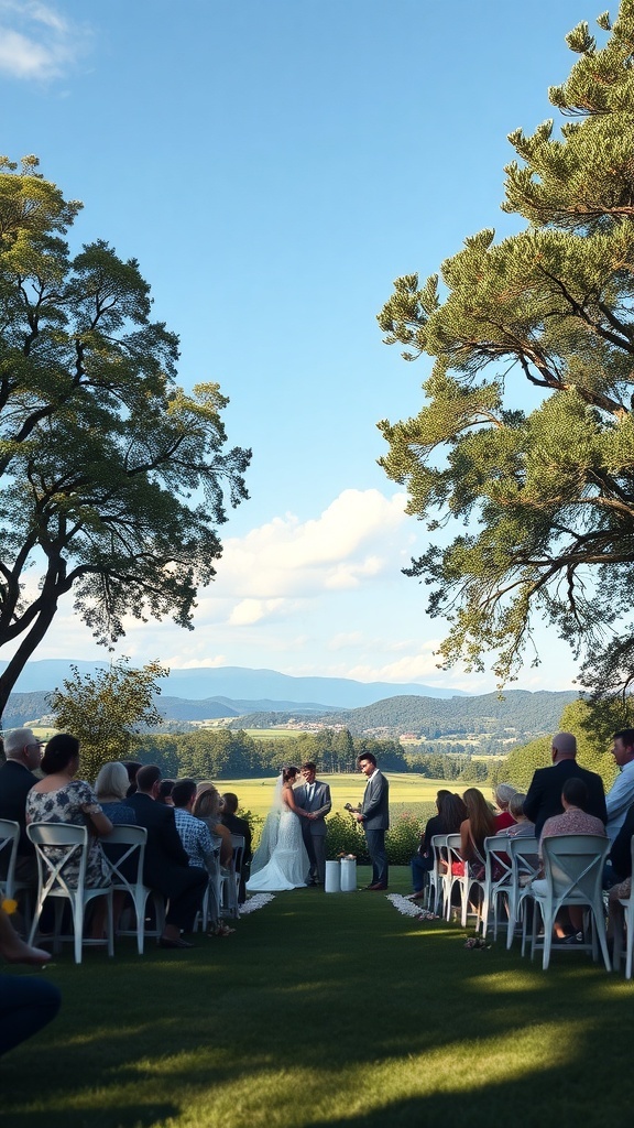 Couple getting married outdoors in a scenic backyard setting with guests seated on chairs.