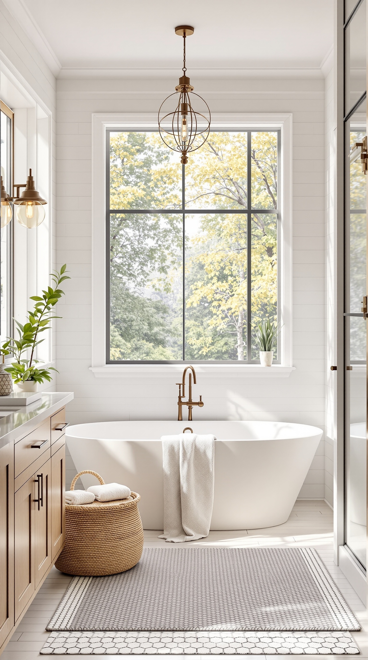 Bright family bathroom with large window, freestanding tub, and plants