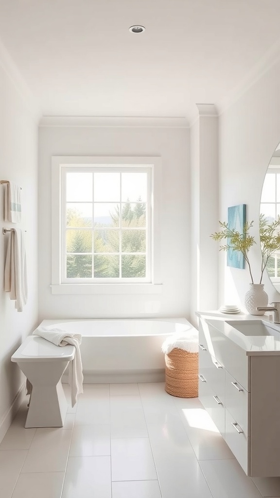 Bright and modern basement bathroom with natural light from a large window.