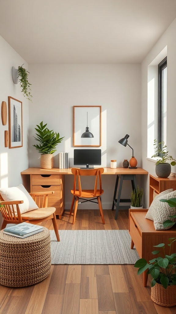 A cozy home office featuring wooden furniture, plants, and warm textiles.
