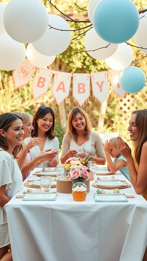 A joyful baby shower gathering outdoors with friends, featuring balloons and a decorative banner.