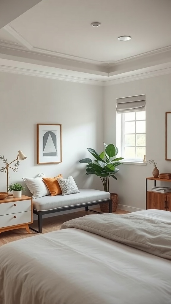 A small guest bedroom featuring a cozy corner with a bench, decorative pillows, a plant, and a side table.