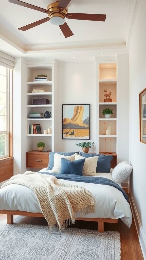 Cozy tiny guest bedroom with built-in shelves and warm wood tones