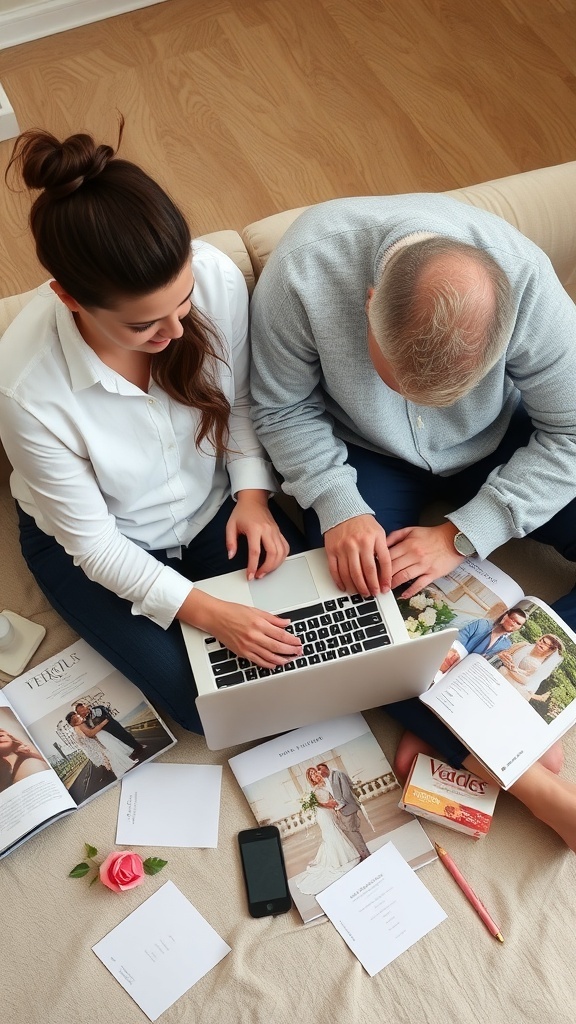 A couple planning a wedding on a laptop, surrounded by wedding magazines and notes.