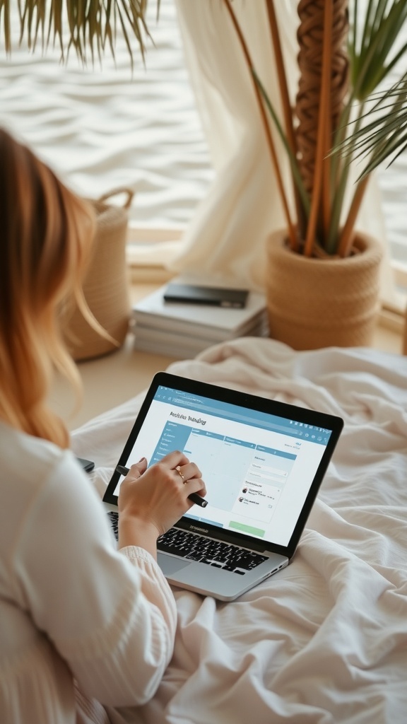 A person planning on a laptop in a cozy setting with a beach view outside.