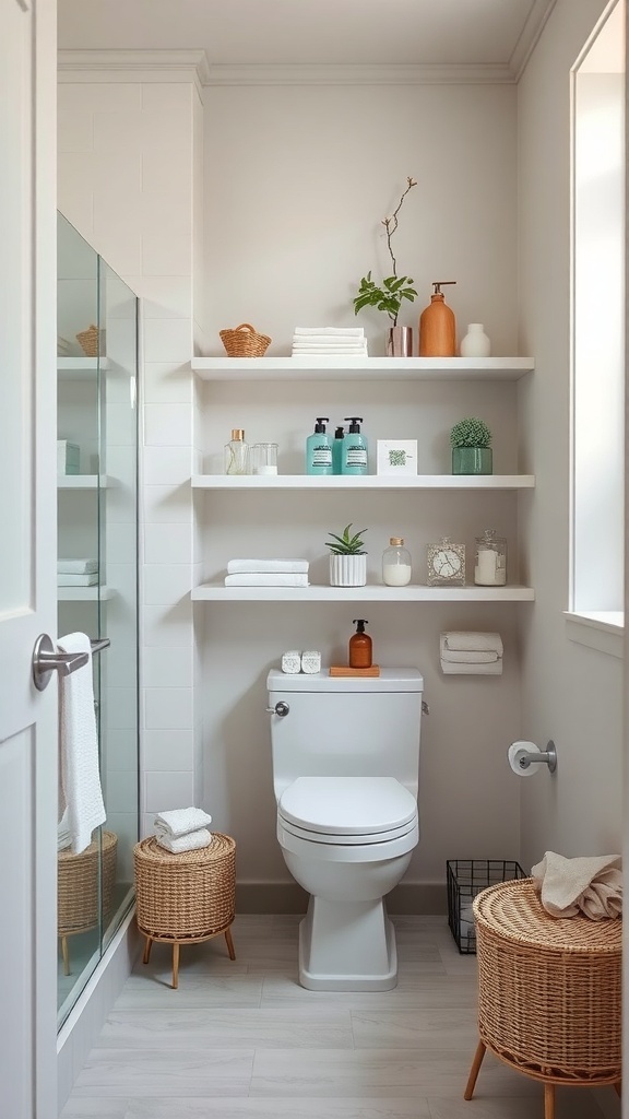 A modern bathroom with open shelving displaying toiletries, plants, and neatly folded towels.