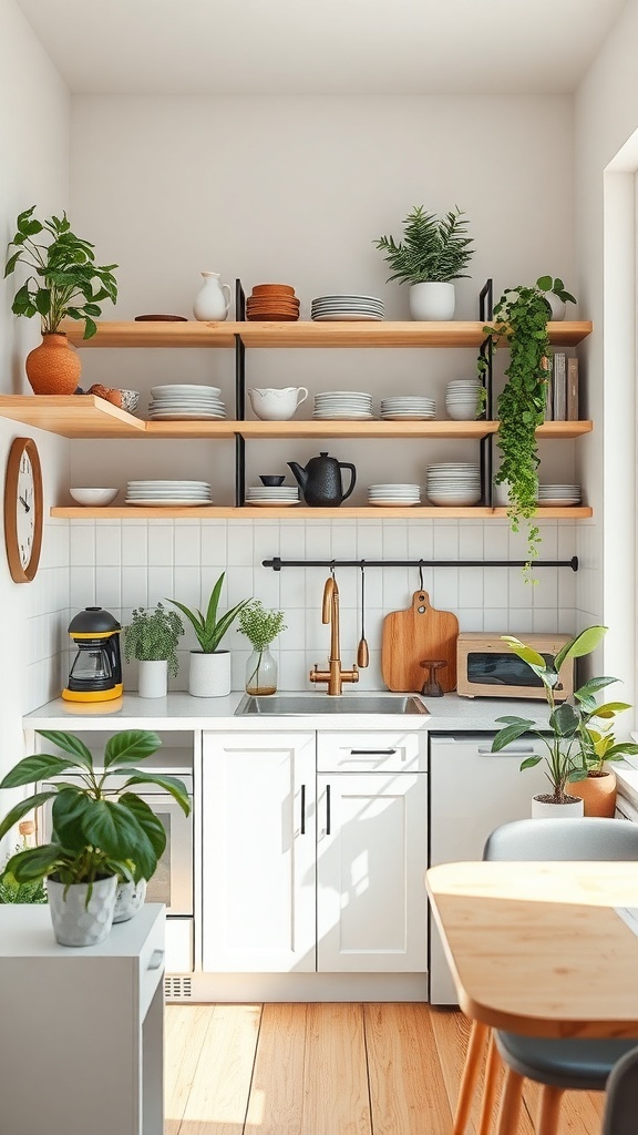 A small kitchen with open shelving displaying dishes and plants, creating a bright and organized space.