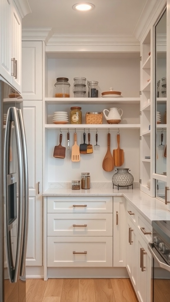 Organized small pantry with over-the-cabinet storage, featuring shelves with jars and hooks for utensils.