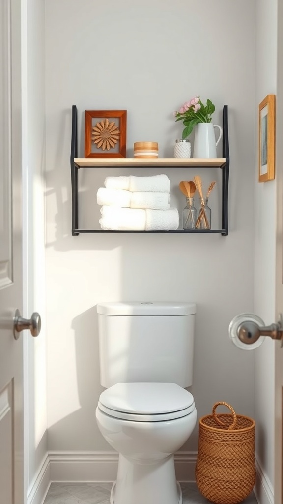 A small bathroom with a shelf above the toilet holding towels, a vase with flowers, and decorative items.