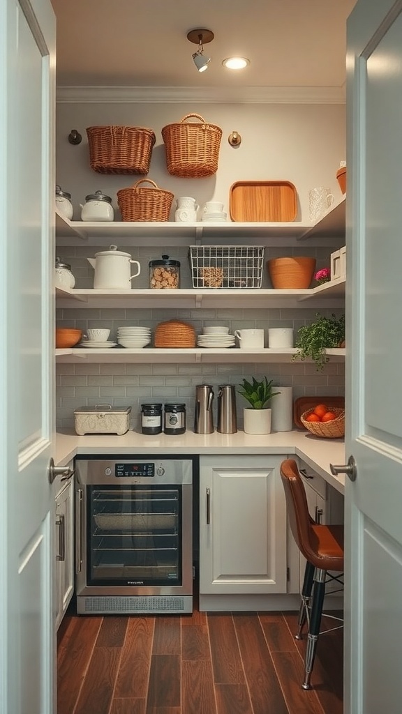 A well-organized pantry with overhead shelves, baskets, and various containers.