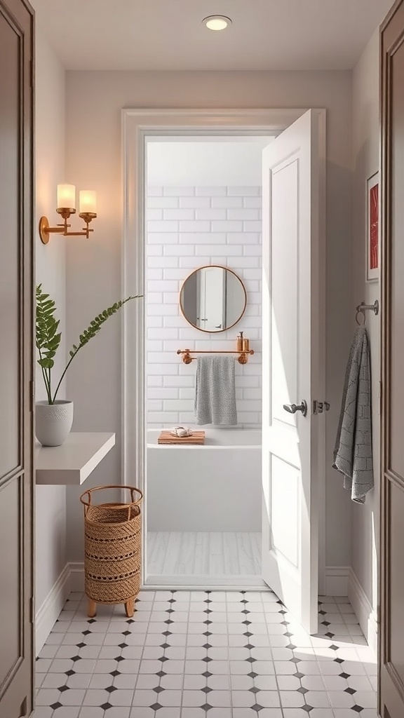 A small full bathroom featuring a pocket door, modern fixtures, and stylish decor.