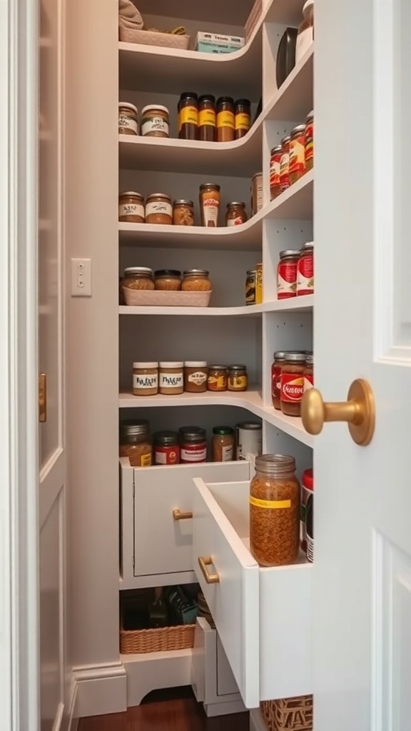 A narrow pantry with organized shelves and pull-out drawers.
