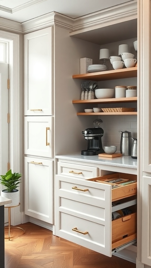A well-organized butler's pantry featuring pull-out drawers and open shelving.