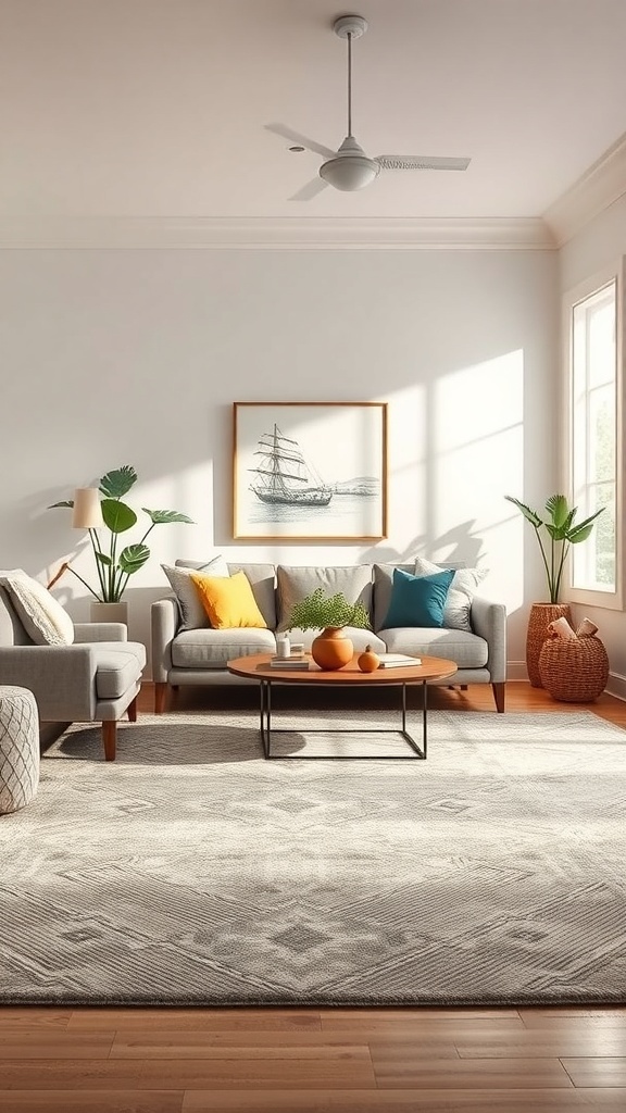 Cozy living room with gray sofas, colorful cushions, and a patterned area rug on hardwood floor.